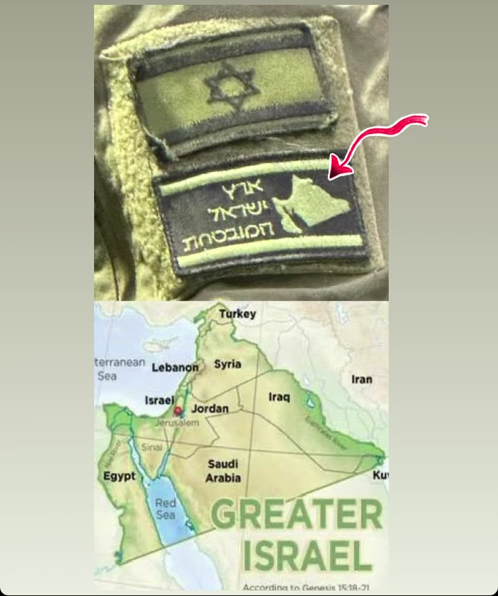 Raghadooty's tweet photo. A Zionist soldier wearing on his uniform the planned map of “Greater Israel”.. The map doesn't only include Palestine, but also large areas of Jordan, Lebanon, Syria, Turkey, Iraq, Saudi Arabia and Egypt 👍🏻
Can you imagine that? They are not indigenous, THEY STEAL LANDS!! 🐸 https://t.co/F4VqUBJINH