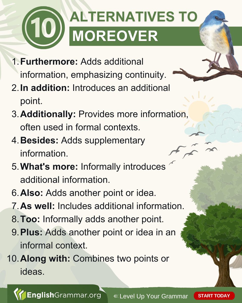 10 Alternatives to "Moreover"

#vocabulary #amwriting #grammar
