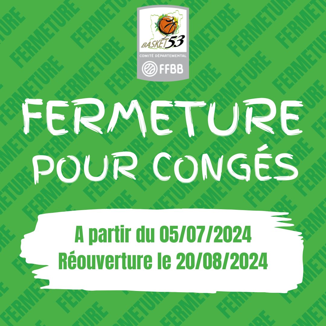 [ℹ️FERMETURE COMITEℹ️]

Nous vous informons que le Comité sera fermé du 5 juillet au 19 août inclus !

On se retrouve le 20 août pour débuter la saison 2024 - 2025 !💚