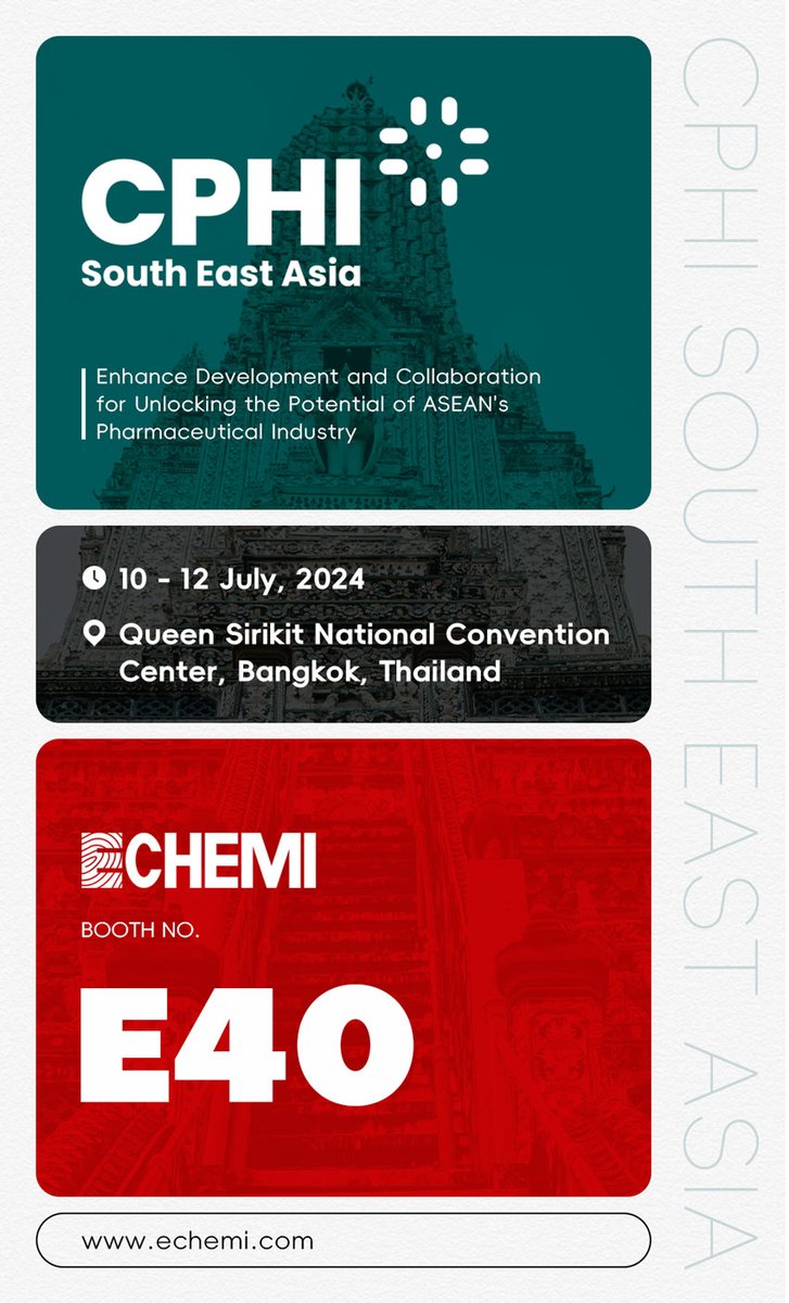 Echemiqd's tweet photo. ECHEMI will participate in the CPHI South East Asia, one of the most important exhibitions of pharmaceutical raw materials around the world.
Located at booth E40, ECHEMI will display a rich product portfolio for you.🙌
 #CPHI #pharmaindustry #API #intermediates #excipients https://t.co/fioTV5HHET