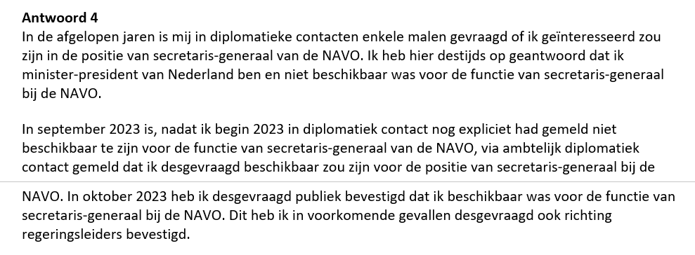 #Rutte heeft in september 2023 laten weten beschikbaar te zijn als secretaris-generaal voor de #NAVO, schrijft hij zojuist in antwoord op Kamervragen van #Omtzigt.