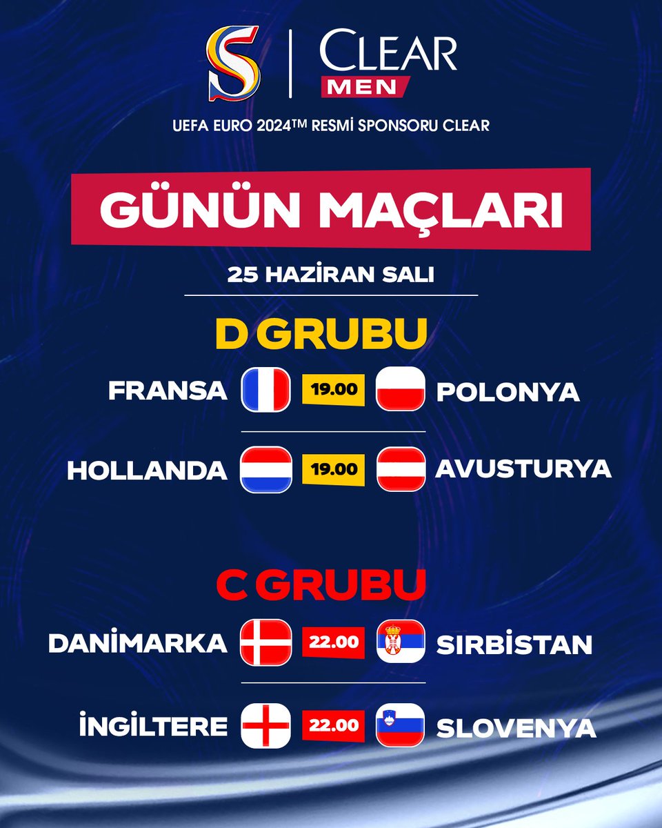 ⚽ Günün maçları. #EURO2024

<a href="/ClearTurkiye/">Clear Türkiye</a> #ClearİleKafanRahat #Sponsor