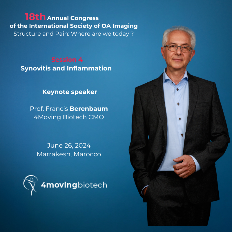 4Moving Biotech (@4moving_biotech) on Twitter photo Join us for the 18th Annual Conference of the International Society of OsteoArthritis Imaging, scheduled for Wednesday, June 26, 2024, in Marrocco!
Professor <a href="/Larhumato/">francis berenbaum</a>, our Chief Medical Officer, will share his expertise on "Synovitis and OA Pain".
#osteoarthritis #IWOAI Join us for the 18th Annual Conference of the International Society of OsteoArthritis Imaging, scheduled for Wednesday, June 26, 2024, in Marrocco!
Professor <a href="/Larhumato/">francis berenbaum</a>, our Chief Medical Officer, will share his expertise on "Synovitis and OA Pain".
#osteoarthritis #IWOAI