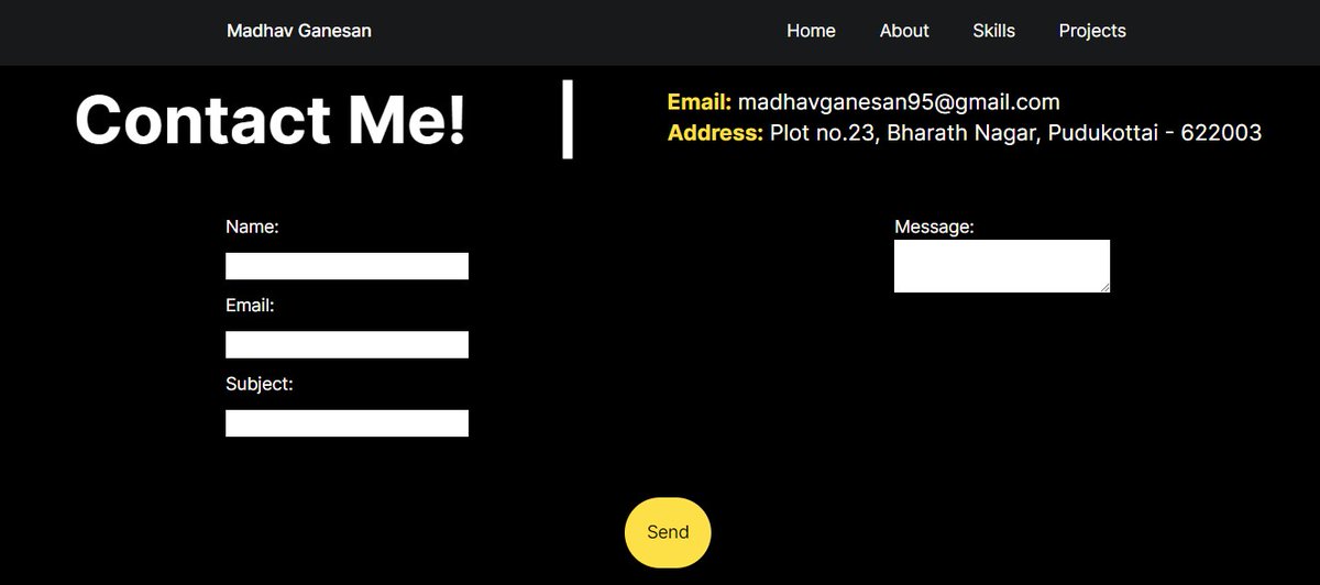 MadhavGanesan's tweet image. Post 1️⃣ #100daysofweb  

I built contact and hero page of my portfolio website using #Nextjs  

Tasks done: 
👉 Implemented inpage navigation 
👉 Styled with Tailwind 
👉 Mobile Optimization  

👇Suggestions for improvement are welcome!
#buildinginpublic #webdev #MadProjects
