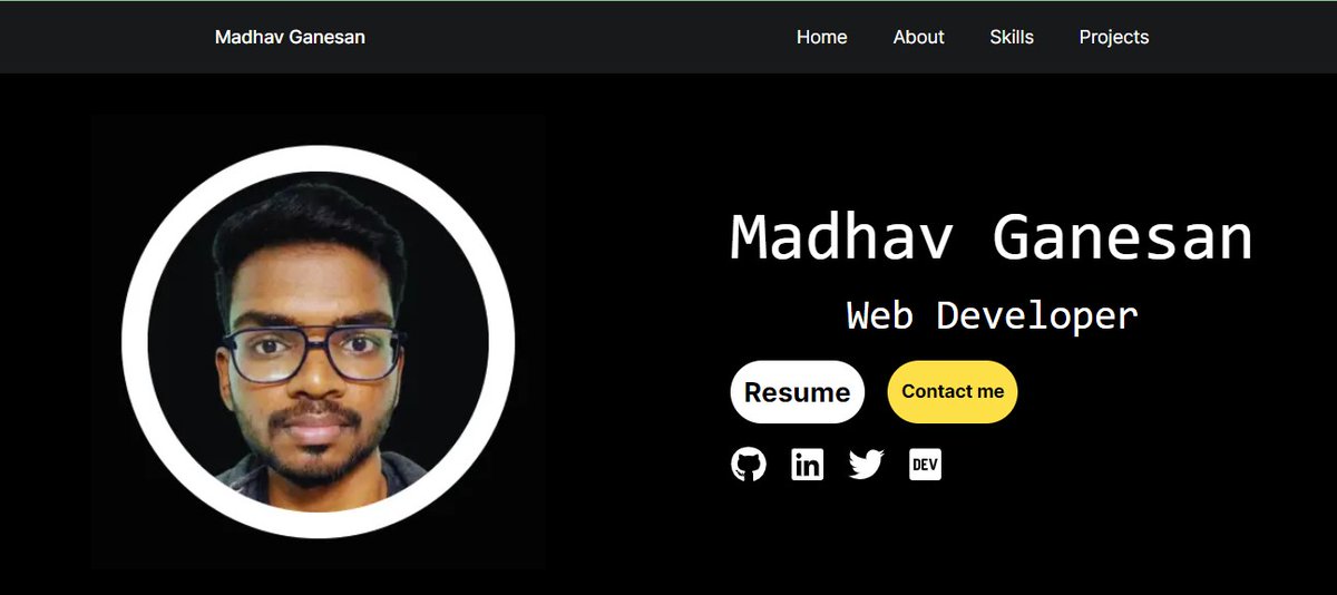 MadhavGanesan's tweet image. Post 1️⃣ #100daysofweb  

I built contact and hero page of my portfolio website using #Nextjs  

Tasks done: 
👉 Implemented inpage navigation 
👉 Styled with Tailwind 
👉 Mobile Optimization  

👇Suggestions for improvement are welcome!
#buildinginpublic #webdev #MadProjects