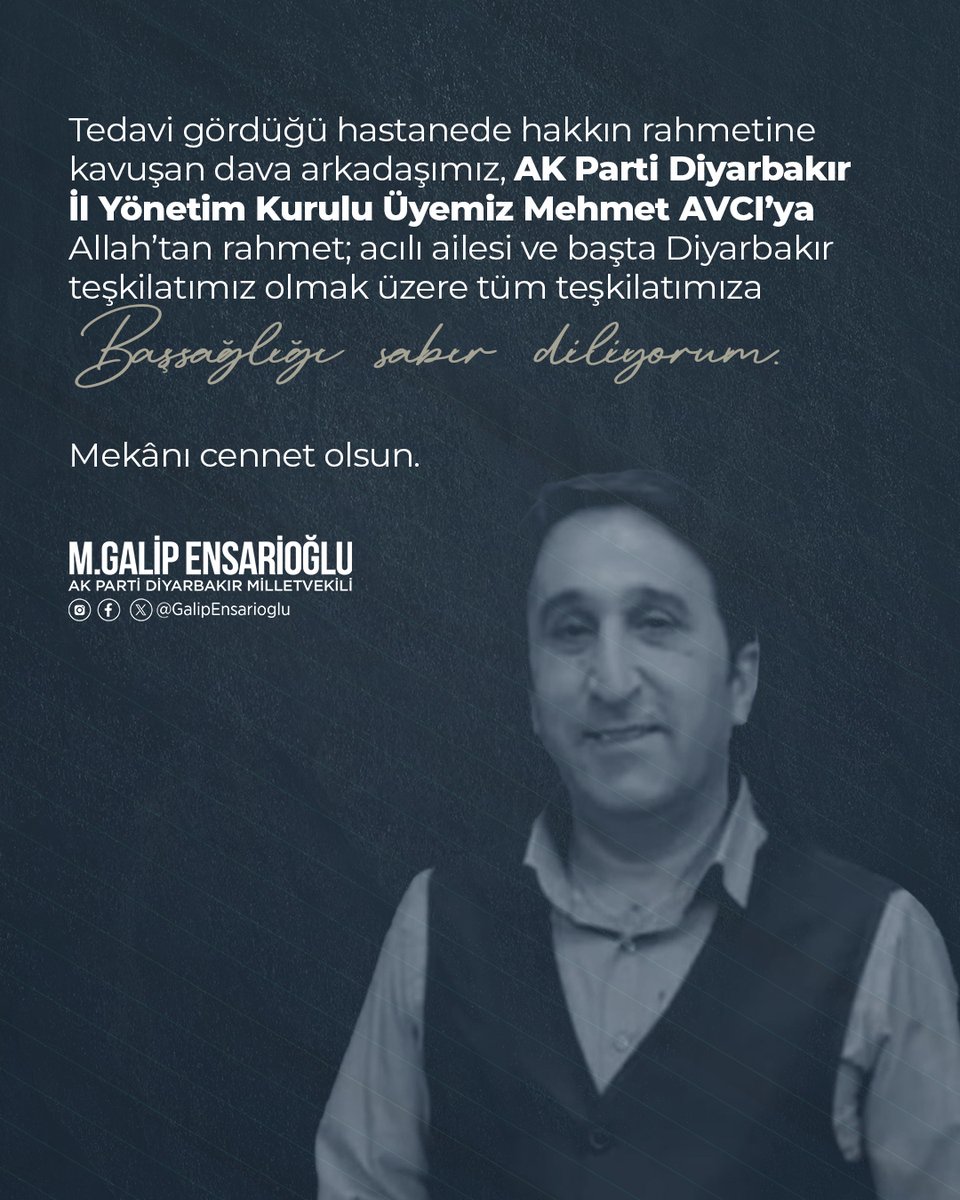 Tedavi gördüğü hastanede hakkın rahmetine kavuşan dava arkadaşımız, AK Parti Diyarbakır İl Yönetim Kurulu Üyemiz Mehmet AVCI’ya Allah’tan rahmet; acılı ailesi ve başta Diyarbakır teşkilatımız olmak üzere tüm teşkilatımıza Başsağlığı sabır diliyorum. 

Mekânı cennet olsun.