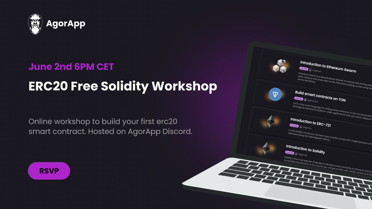 agorappDAO's tweet photo. Next week we will be holding another free online workshop. Learn how to make an ERC20 smart contract. RSVP today! 

https://t.co/TLuPaBtdeS https://t.co/SqHUL4VmZ1