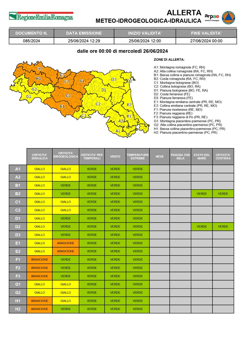 AllertaMeteoRER's tweet photo. #AllertaMeteoER 
Dalle 00:00 del 26/06/2024 alle 00:00 del 27/06/2024
ARANCIONE per criticità #idraulica, #idrogeologica; 
GIALLA per criticità #idraulica, #idrogeologica.
➡️https://t.co/JjaeyTJrGA https://t.co/YBeq1eiBk7