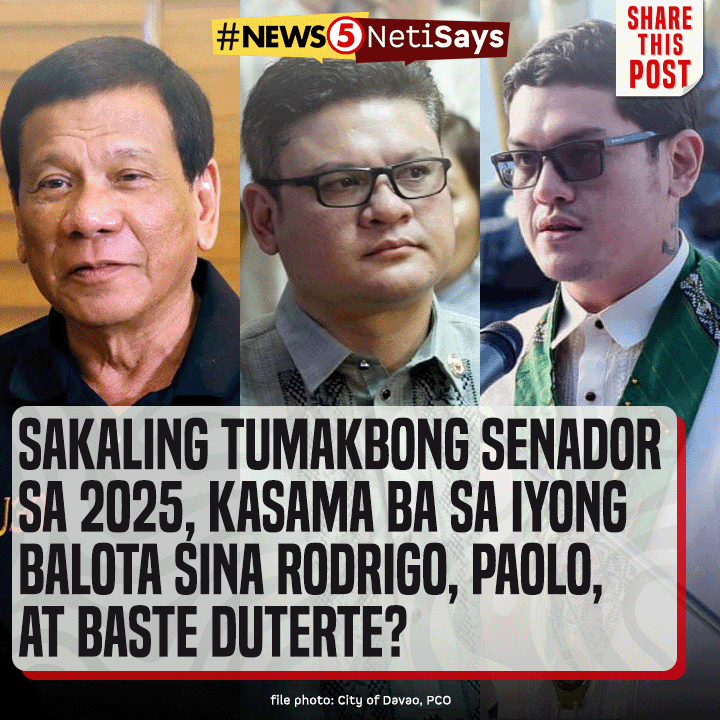 News5PH's tweet photo. #News5NetiSays | Inilahad ni Vice Pres. Sara Duterte na tatakbo ang ama niyang si dating pangulong Rodrigo Duterte, at mga kapatid niyang sina 1st District Davao City Rep. Pulong Duterte at Davao City Mayor Baste Duterte sa pagkasenador sa 2025 elections. #News5 https://t.co/LlVySd0Hzx