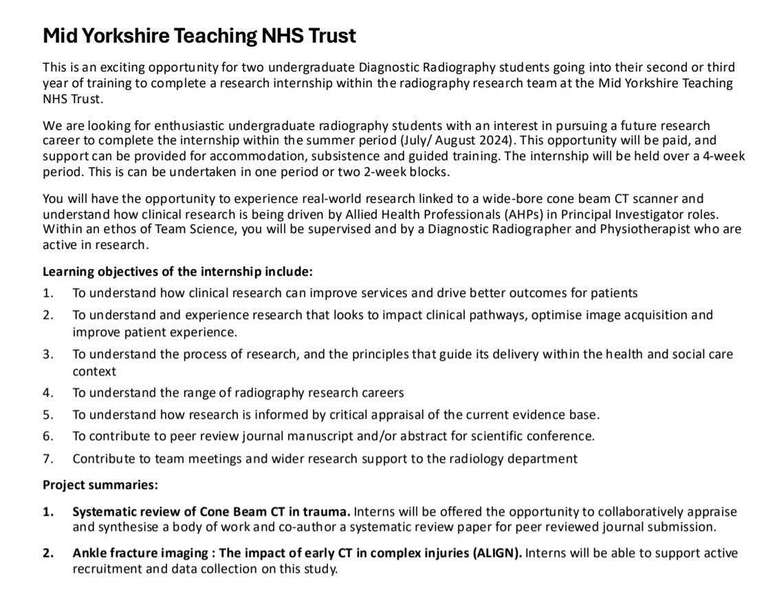 Martine Mallinson, PhD (Harris) (@martineh_mal) on Twitter photo A reminder of our paid internship for 2nd & 3rd year undergraduate diagnostic radiography students interested in a research career. For information please contact me or <a href="/MYradres/">Prof Bev Snaith</a> Apply through NHS jobs: C9377-CORP7002
🚨Closing date: 01/07/24 🚨
Please share <a href="/SCoRMembers/">SCoR Members</a> A reminder of our paid internship for 2nd & 3rd year undergraduate diagnostic radiography students interested in a research career. For information please contact me or <a href="/MYradres/">Prof Bev Snaith</a> Apply through NHS jobs: C9377-CORP7002
🚨Closing date: 01/07/24 🚨
Please share <a href="/SCoRMembers/">SCoR Members</a>