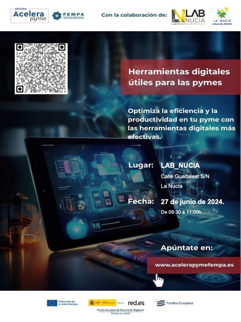 🤔Quieres mejorar la eficiencia y la productividad? Inscríbete a la jornada de este jueves y descubre Herramientas Digitales que te ayudarán!

📆Jueves 27 de Junio.
⏰A las 09:30h.

✍🏻Inscripciones: lab.lanucia.es/Taller-Herrami…

#MadeByLaNucia #Formacion