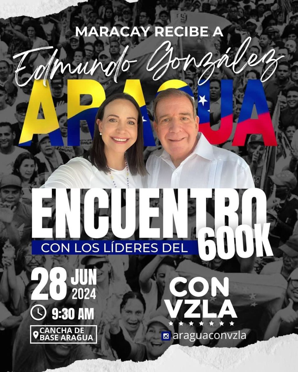 ¡Maracay, Aragua se llena de energía! 📣 El viernes 28 junio, 9:30 am, ntro candidato <a href="/EdmundoGU/">Edmundo González</a> González estará en la cancha de Base Aragua. Acércate y sé parte del encuentro con los líderes 600k por un futuro próspero para ntra nación. #AraguaConEdmundo
#VamosAGanarConEdmundo