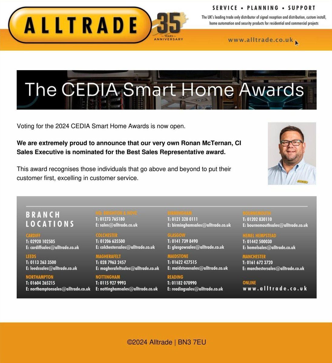 Our very own <a href="/RonanMcT/">Ronan McTernan</a>  has been nominated for the <a href="/CEDIA/">CEDIA</a> 'Best Sales Representative' award.

If like us, you think Ronan is a worthy winner then please click the link below and cast your vote today.
my.cedia.org/Connection/CED…

Thank you for taking the time to support Ronan.