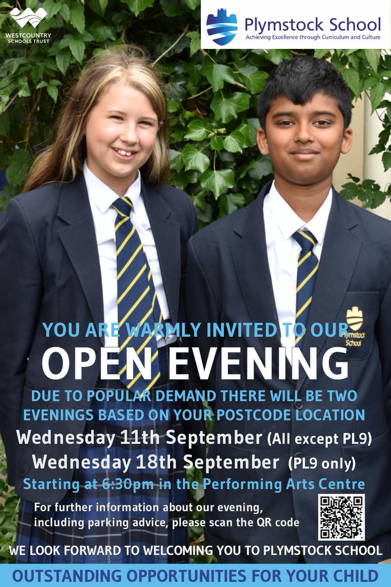 September 2024 open evenings

Wednesday 11th September and Wednesday 18th September.

Further details can be found here:
plymstockschool.org.uk/open-evening/