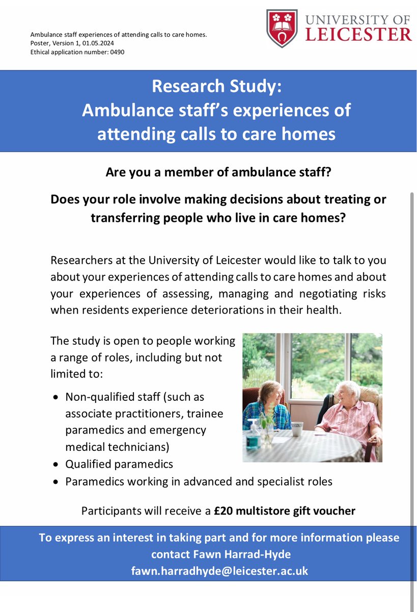 Research opportunity 🚨 🚑

We want to talk to ambulance staff in a range of roles about their experiences of making decisions about diagnosing treating or transferring care home residents.