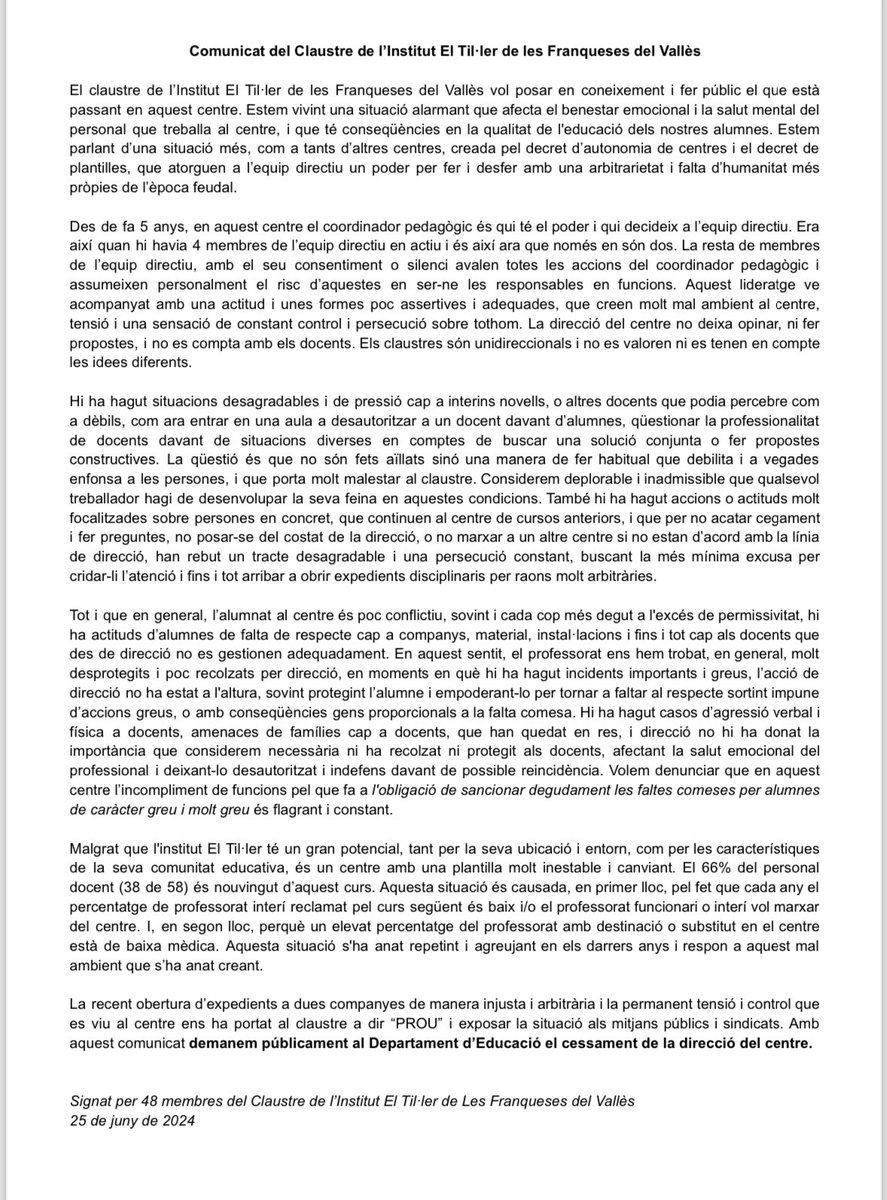 48 membres del claustre de l'INS el Til·ler de les Franqueses del Vallès denuncien la situació creada pels decrets d'autonomia i de plantilles, que han derivat en abús de poder, autoritarisme, inestabilitat i arbitrarietat. I demanem el cessament de la direcció del centre.