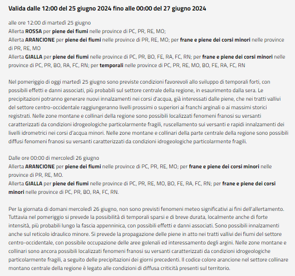 AllertaMeteoRER's tweet photo. @ArpaER @RegioneER 📌 INFO #AllertaMeteoER 085/2024 valida dal 25/06/2024: criticità idraulica, idrogeologica, temporali ➡️https://t.co/vBQQ4a5ooM https://t.co/wK9md35539