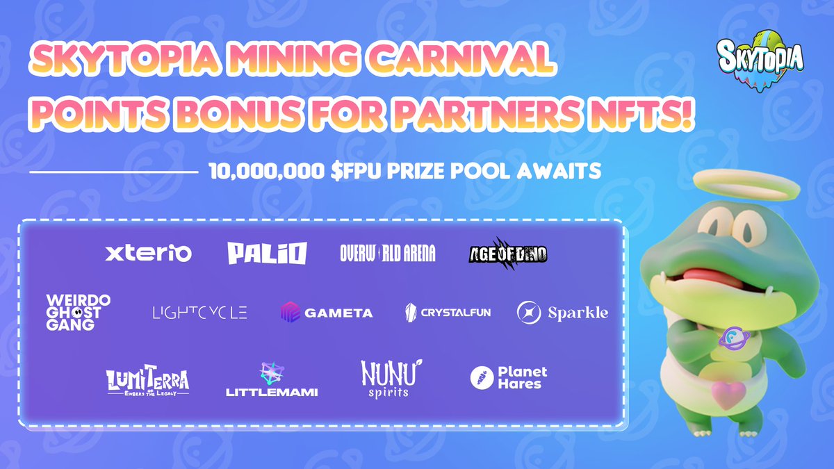 🎮 Big shoutout to our amazing partners teaming up with us for the Mining Carnival &amp; Task System! 🤝

Skytopia Partner NFT holders, you’re in for a treat! Earn extra points daily during the Mining Carnival and make your journey even more rewarding! 💥

Dive into the action and