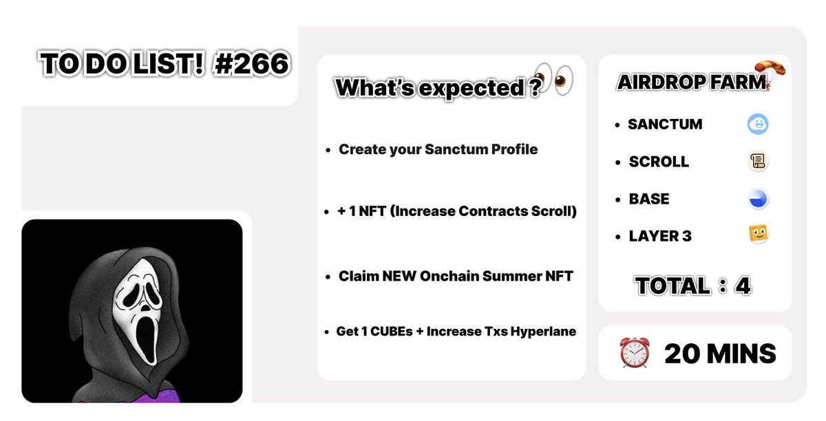 asedd72's tweet photo. 🪂 𝗔𝗜𝗥𝗗𝗥𝗢𝗣 𝗧𝗢 𝗗𝗢 𝗟𝗜𝗦𝗧! #266

🔸 Create your Sanctum Profile
🔗 - https://t.co/mlec6ju5VV

🔸 + 1 NFT (Increase Contracts Scroll)
🔗 - https://t.co/llh33Q8v4z

🔸 Claim NEW Onchain Summer NFT
🔗 - https://t.co/g7xJGPcgJk

🔸 Get 1 CUBEs + Increase Txs Hyperlane
🔗 - https://t.co/3Qc5yQFaWm

🔹 Grab your Lottery Ticket ($10 to win)
🔗 - RT this To Do List