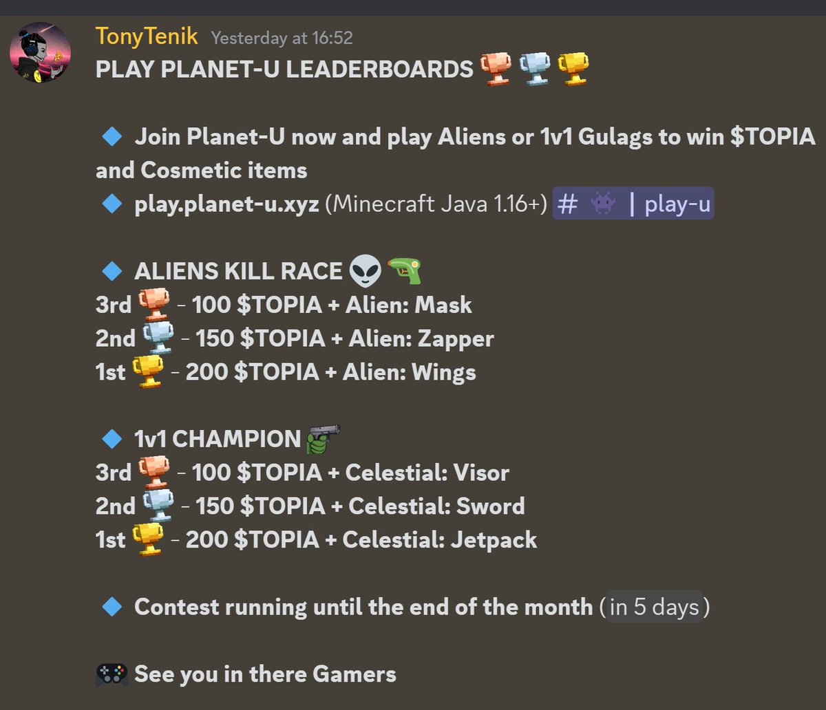 Adonis (@adonisonx) on Twitter photo $TOPIA Play2Earn is back!
<a href="/Planet_U_gg/">Planet-U | TOPIA</a> is hosting a leaderboard competition until the end of June.
A total of 900 $TOPIA and lots of Cosmetic NFTs are up for grabs! $TOPIA Play2Earn is back!
<a href="/Planet_U_gg/">Planet-U | TOPIA</a> is hosting a leaderboard competition until the end of June.
A total of 900 $TOPIA and lots of Cosmetic NFTs are up for grabs!