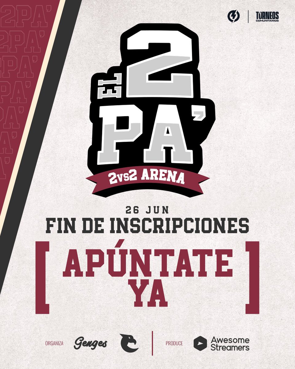 Oye, que se acaban las inscripciones.

Apuntaos a #El2Pa entes del cierre de inscripciones y convertiros en los dueños de la Arena 2vs2. ⚔️

¡¡Este fin de semana!! Inscribíos aquí ⬇️⬇️⬇️