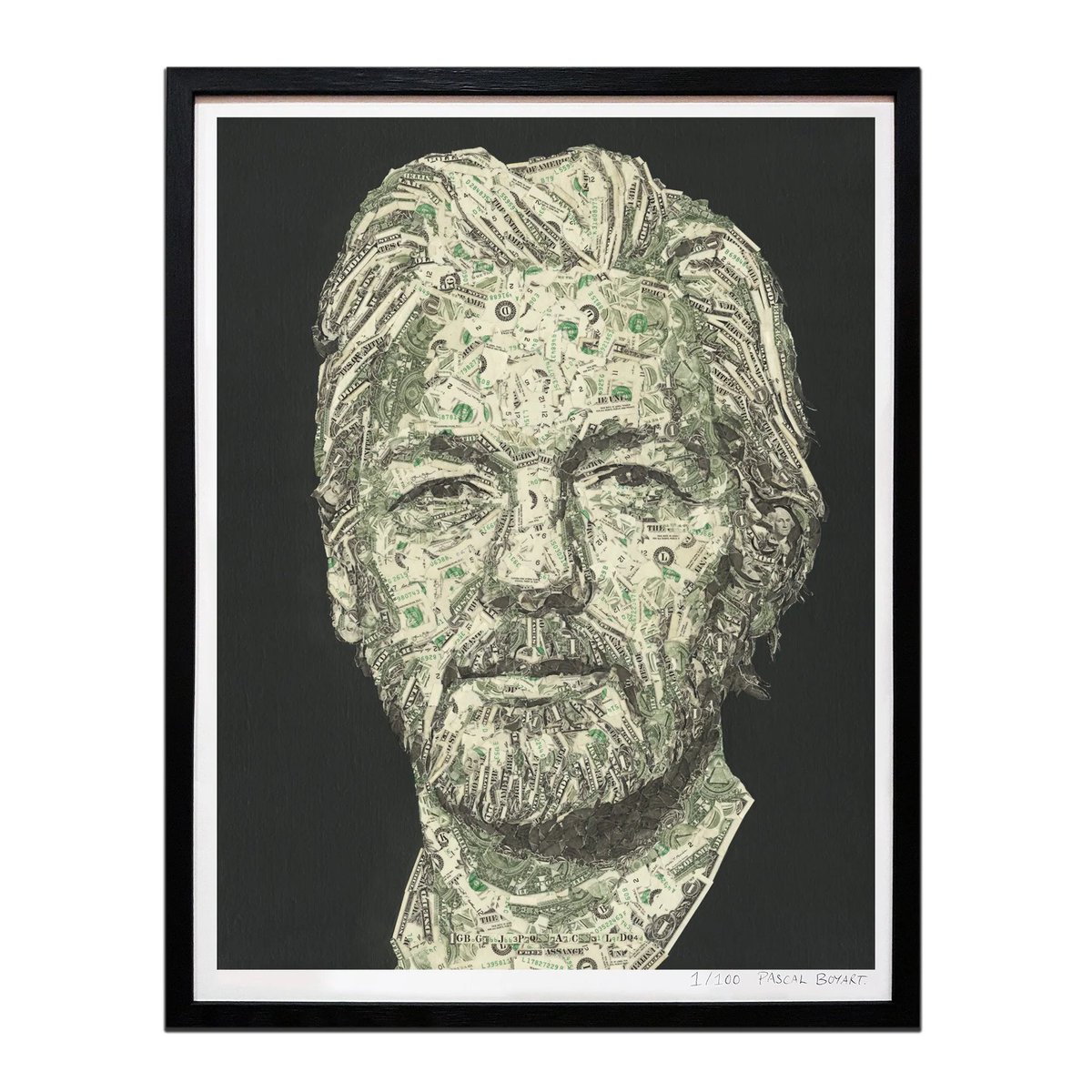 achetezdelart's tweet image. Dollars #Assange
Premium print by @pascalboyart edited by #achetezdelart 🙌😱
Dollars Assange is a limited edition print (100 ex.), numbered and signed by #PascalBoyart of the original work created in Feb. 2021, made of one hundred real $USD bills, ripped and glued on canvas.