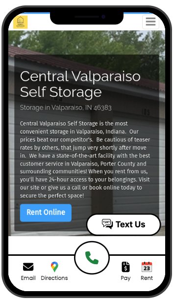BizingaAI's tweet image. Central Valparaiso Self Storage makes it easy to make a payment, rent online, email or text them when people visit them on mobile. Their mobile visits top 75%! Contact Bizinga for your CTA widget for your website today. Call or text us to get started.