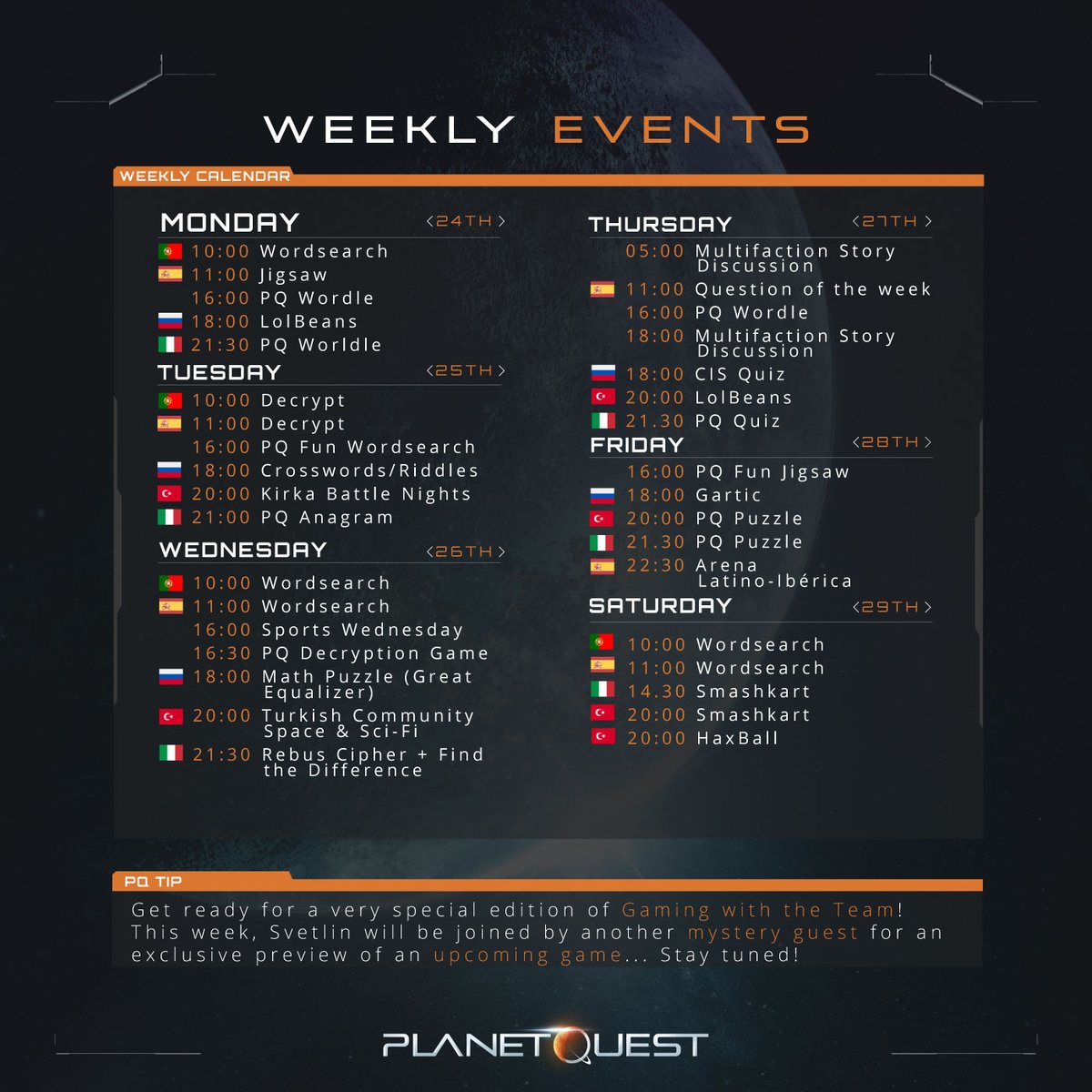 Weekly Community #PQEvents Overview! ✨

All times are CET ⏰ and stay tuned for more details about our upcoming Gaming with the Team events! 🕹