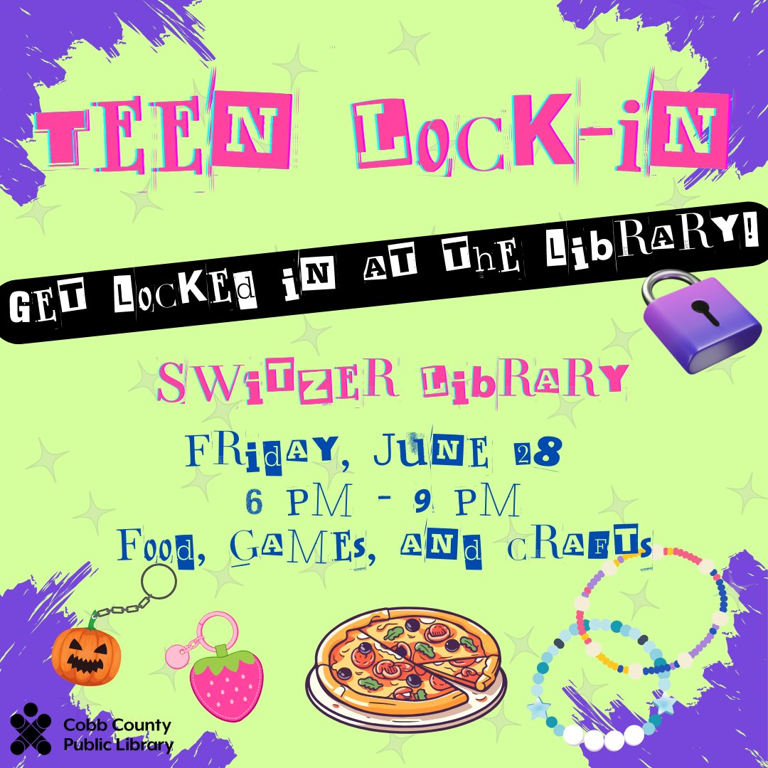 cobblibrary's tweet image. There&apos;s still time to register! Get locked in at the library! Stay after hours at the library for food, games, &amp;amp; crafts! Caregivers are not required to stay, but we will need a contact number. Register at cobbcat.org/events.

#SwitzerLibrary | Fri, 6/28 | 6-9 pm | ages 12-17