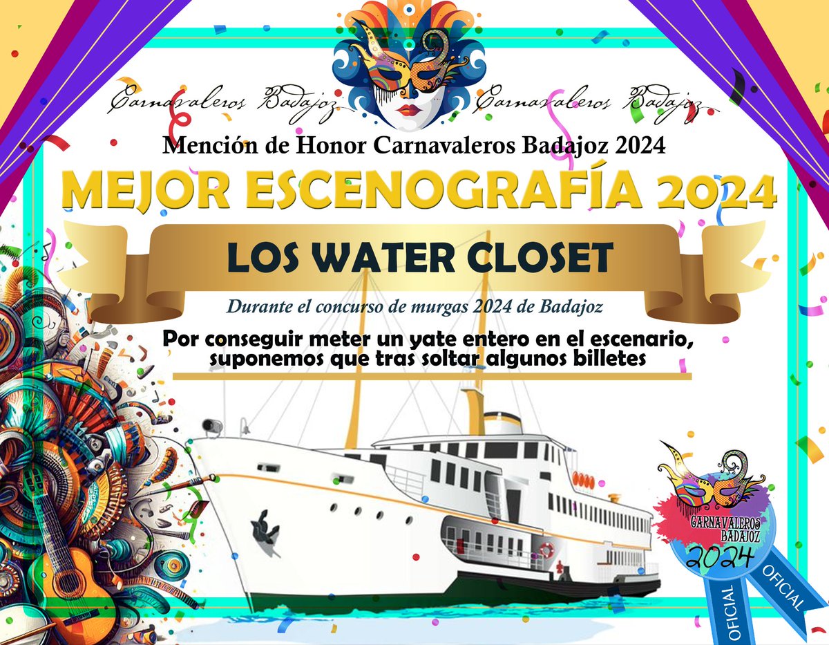 Carnavaleros Badajoz (@carnavalerosbad) on Twitter photo #PremiosCarnavaleros2024 1 de 5
- Mejor Traje: @Guadito_
- Mejor Maquillaje: <a href="/Celos_murga/">Murga Celos</a>
- Tipo más original: <a href="/MurgaLingartos/">Murga Los Lingartos 🦎</a>
- Mejor escenografía: <a href="/loswatercloset/">Murga Los Water Closet</a>
¡Felicidades a todas!
En breve seguimos premiando... #PremiosCarnavaleros2024 1 de 5
- Mejor Traje: @Guadito_
- Mejor Maquillaje: <a href="/Celos_murga/">Murga Celos</a>
- Tipo más original: <a href="/MurgaLingartos/">Murga Los Lingartos 🦎</a>
- Mejor escenografía: <a href="/loswatercloset/">Murga Los Water Closet</a>
¡Felicidades a todas!
En breve seguimos premiando...