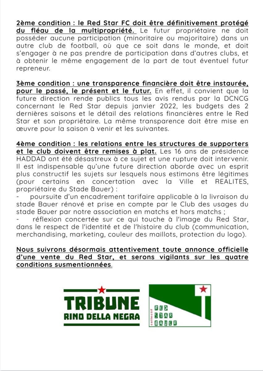 stadebauer's tweet photo. 📝NOTRE POSITION SUR UNE VENTE PROCHAINE DU RED STAR📝
La tribune Rino Della Negra souhaite fixer des conditions minimales à respecter pour un rachat du club imminent. Le détail est a consulter dans le communiqué ci-dessous :
⬇️⬇️⬇️
#777OUT https://t.co/h6hyQD1EFi
