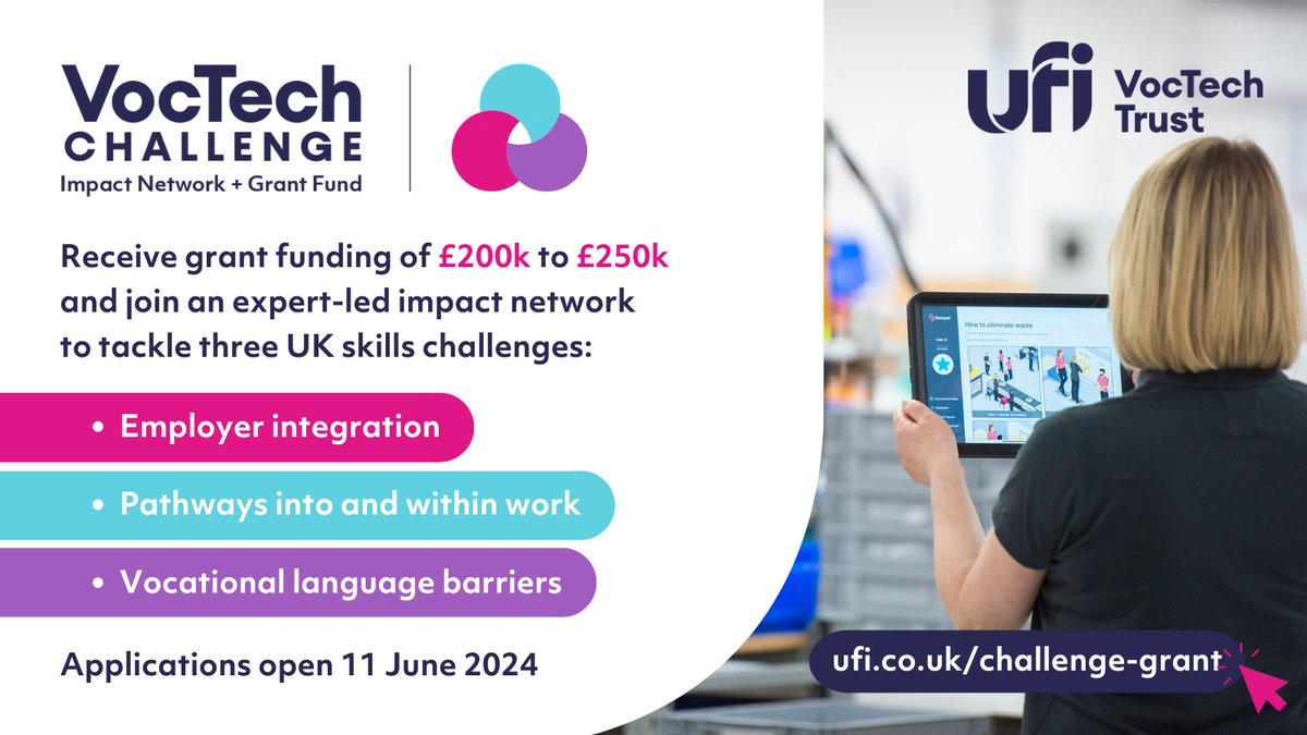 NCFE's tweet image. 📣 Exciting news! The @UfiTrust VocTech Challenge Impact Network + Grant Fund is now open! Applications are open until 8 July 👉 ufi.co.uk/grant-funding/…. Before applying, take the eligibility checker and attend a pre-application workshop 💡 #GrantFunding #VocTech # EdTech