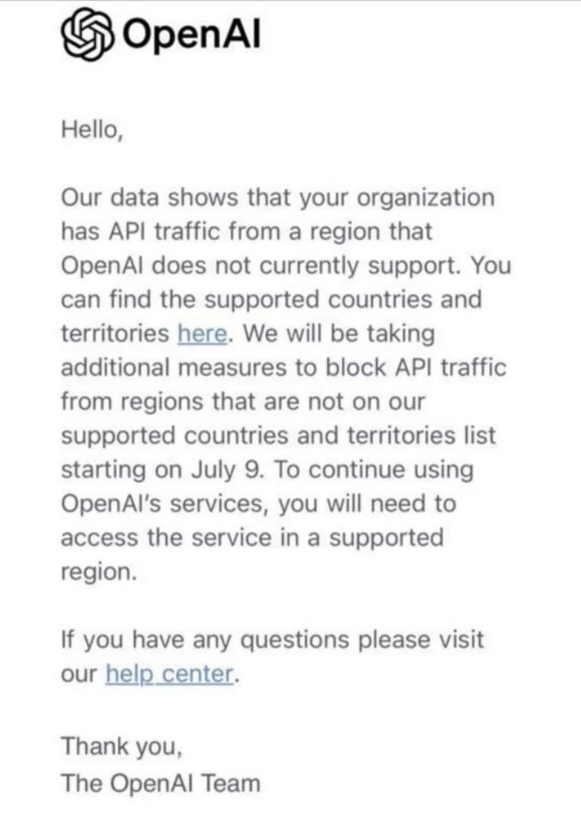 Shanice_Nici's tweet image. 😢【OpenAI停服】
就在今天，包括中国在内的各个国家和相关地区的API开发者，都收到了同一封“警告信”，内容是 OpenAI 将采取额外措施，限制不支持国家和地区的 API 使用，从7月9日开始正式停服。 

🥰不过我们的用户别担心，NoteGPT 一直稳稳地健在哦！！！

🫡该聊聊该总结总结！
#OpenAI  #NoteGPT