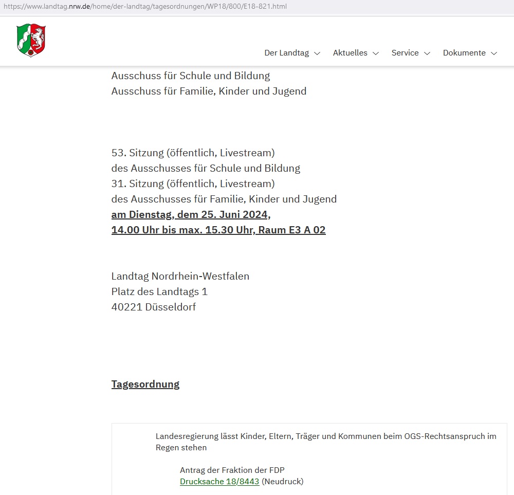 Heute (25.06.2024; 14:00 Uhr) findet im #LandtagNRW eine gemeinsame Sitzung/Anhörung vom
Ausschuss für Schule und Bildung
und vom
Ausschuss für Familie, Kinder und Jugend
statt.
(Quelle: <a href="/LEK_NRW/">lek-nrw.de</a>)
.
Tagesordnung:
landtag.nrw.de/home/der-landt…
.
Live-Stream:
landtag.nrw.de/home/mediathek…