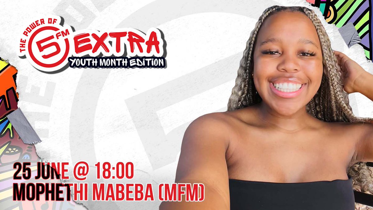 5FM's tweet photo. .@MFM926 presenter & 3rd year Bachelor of Arts and Social Sciences in Humanities student, Mophethi Mabeba, will be taking over the mic on #5Extra - Youth Month Edition this evening! 🙌
Listen exclusively on the 5FM app. https://t.co/XQjSn2ENNy