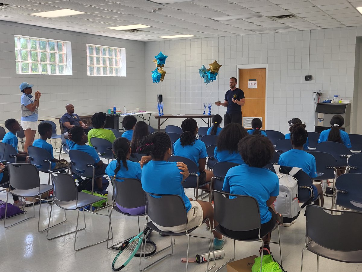 raleighpolice's tweet photo. Our Tennis 1 RPD Summer Camp had a great time developing their skills &amp; ended their week of camp with an awards ceremony &amp; a special meeting with Chief Patterson. We thank all the instructors &amp; volunteers who helped make this camp possible. 

#RPD #TennisCamp #SummerCamps https://t.co/DLQLLAoaXy