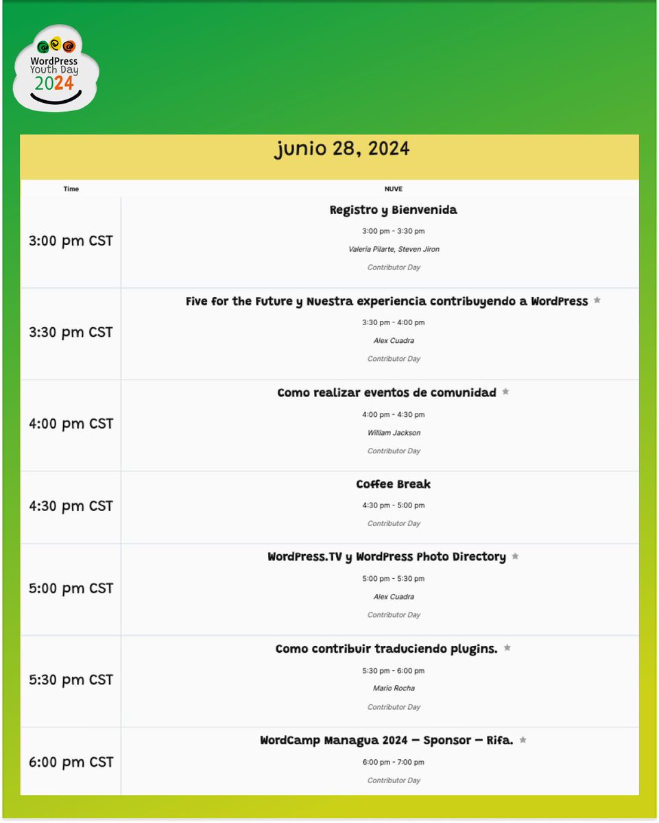 ¡Ven al Contributor Day en Nuve este viernes a las 3 p.m.! 📣 
Descubre las novedades del WordCamp 2024 y déjate sorprender. ¡Regístrate ya, los cupos son limitados! 😃 bit.ly/ContributorDay…

#wpyd2024 #wordpress #comunidad #contribuye #networking