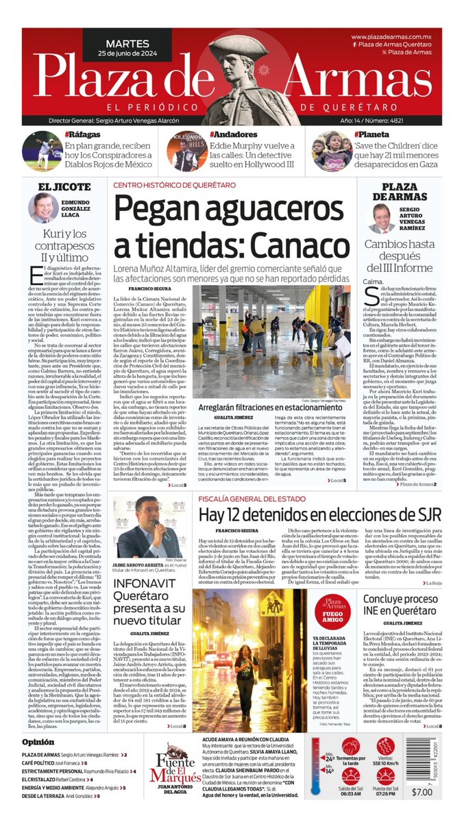 ¡Buen día! Hoy en Plaza de Armas:
👉Pegan aguaceros a tiendas: Canaco
👉Hay 12 detenidos en elecciones de SJR
👉INFONAVIT Querétaro presenta a su nuevo titular
plazadearmas.com.mx