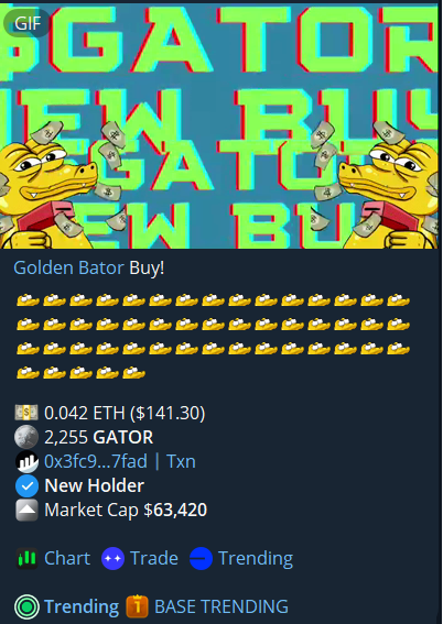 $GATOR - Gator on Base 
New launch - Alpha call

Good ticker - Apeing this entry

Degen - Based team 

CA: 0x4DBCB1bDd0DDA3b86A5e5aef974146951C4222CF

Chart:
dexscreener.com/base/0xb0b8df6…