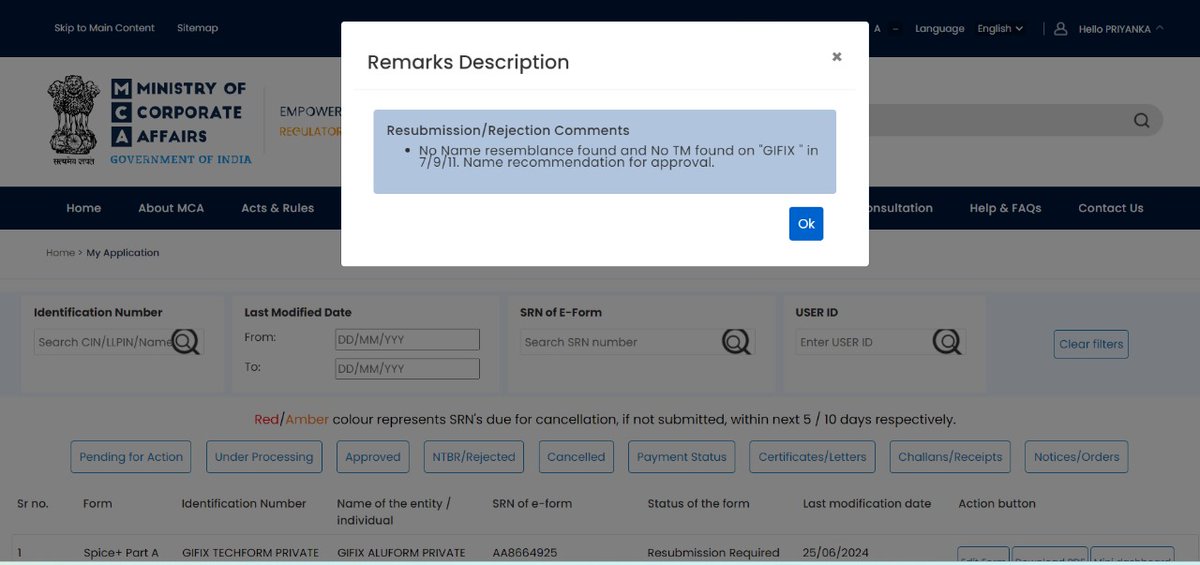 CSPriyanka_17's tweet photo. Applied name reservation having SRN AA8664925
Got resubmission remark
No Name resemblance found and No TM found on "GIFIX " in 7/9/11. Name recommendation for approval
@HelpdeskMCA21V3 @MCA21India @nsitharaman @PMOIndia please clarify why getting resubmission rather than approval https://t.co/1UiNK1q5SP