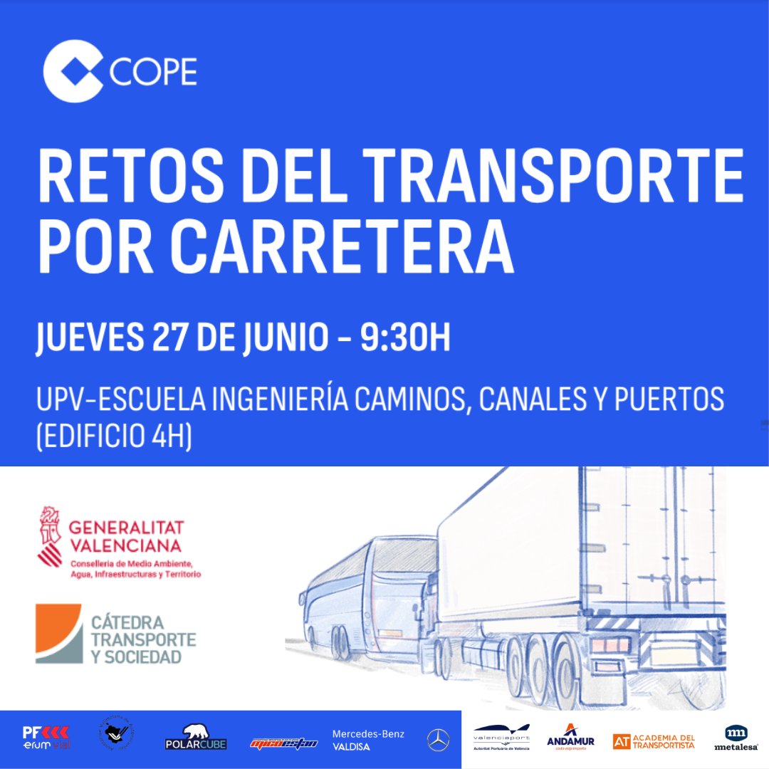 🔵 El 27 de junio @caminosupv acoge la jornada “Retos del transporte por carretera” que organiza @cope junto a <a href="/transporteysoc/">Transporteysociedad</a>. Nuestro director, Eugenio Pellicer, estará presente.
9:30h, edificio 4H 📩
Reserva tu plaza gratis en luzdecruce@cope.es
🔗Info: transporteysociedad.es/Jornada_retos_…