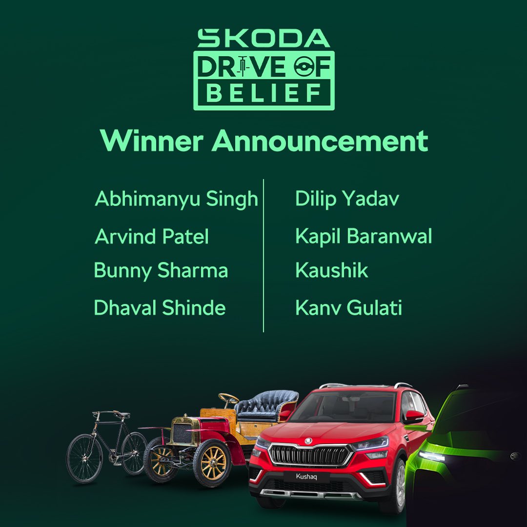 SkodaIndia_PR's tweet image. #SkodaDriveofBelief has received hundreds of inspiring stories. We have our inspiring heroes!

Congratulations to all of you. We will reach out to you via DM.

Thank you everyone for sharing your stories.

#ExploreBeyond