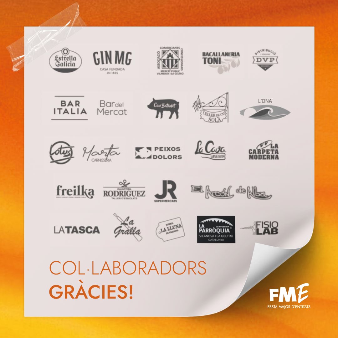 ✨ La #FME24 compta amb un seguit de col·laboradors que donen suport al projecte, aportant el seu granet de sorra per fer possible la FME 2024. 

Gràcies pel suport i fer visible el nostre compromís amb el comerç local de Vilanova i la Geltrú! 🧡

#FestaPopular #CulturaGratuïta