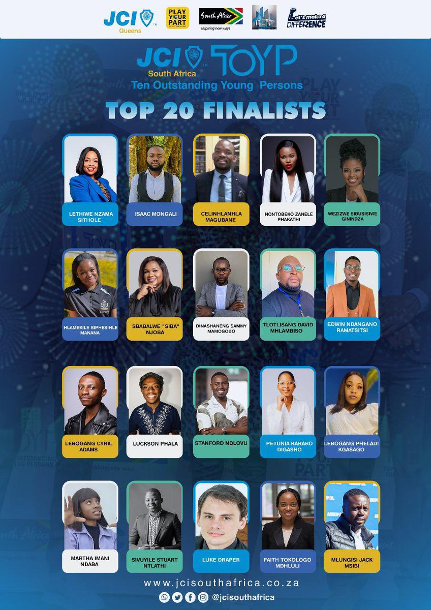 JackMsibi's tweet image. Greetings! I am thrilled to share that I have been selected as a Top 20 finalist for the 2024 TOYP(Ten Outstanding Young Persons) by JCI South Africa. 🎊🎉I am honored to be recognized among exceptional individuals shaping the future.🇿🇦💪🏿#BeyondLimits #TOYP #JCISA #JCIQUEENS