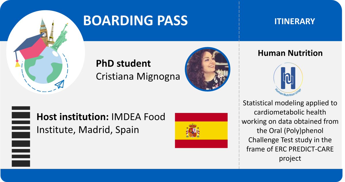 FoodScience_UNIPR (@foodphdunipr) on Twitter photo Hello world!🌍
The #BoardingPass of the day is about <a href="/CristianaMignog/">Cristiana Mignogna</a>'s visiting period! She has joined the IMDEA Food Institute in #Madrid <a href="/ImdeaAlimenta/">IMDEA Alimentación</a>, working on statistical modeling applied to cardiometabolic health in the <a href="/PredictCare_ERC/">PREDICT-CARE_ERC</a> project.
👀Take a look👇 Hello world!🌍
The #BoardingPass of the day is about <a href="/CristianaMignog/">Cristiana Mignogna</a>'s visiting period! She has joined the IMDEA Food Institute in #Madrid <a href="/ImdeaAlimenta/">IMDEA Alimentación</a>, working on statistical modeling applied to cardiometabolic health in the <a href="/PredictCare_ERC/">PREDICT-CARE_ERC</a> project.
👀Take a look👇