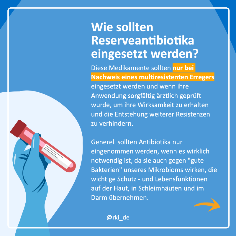 rki_de's tweet photo. #Reserveantibiotika sollten nur dann eingesetzt werden, wenn herkömmliche #Antibiotika nicht mehr wirksam sind. 
Warum wir sparsam und bewusst mit ihnen umgehen sollten und was passiert, wenn diese nicht mehr wirken, beantworten wir in dieser #Wasisteigentlich-Folge. ⬇️