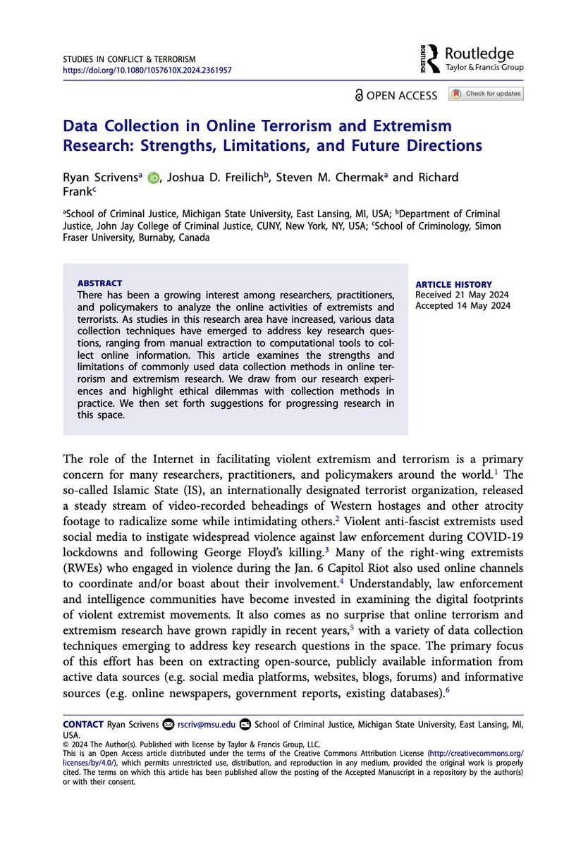 Out now in Studies in Conflict &amp; Terrorism:

We examine strengths &amp; limitations of commonly used data collection methods in online terrorism &amp; extremism research as well as offer suggestions for progressing research in this space.

Article is #openaccess: tandfonline.com/doi/full/10.10…