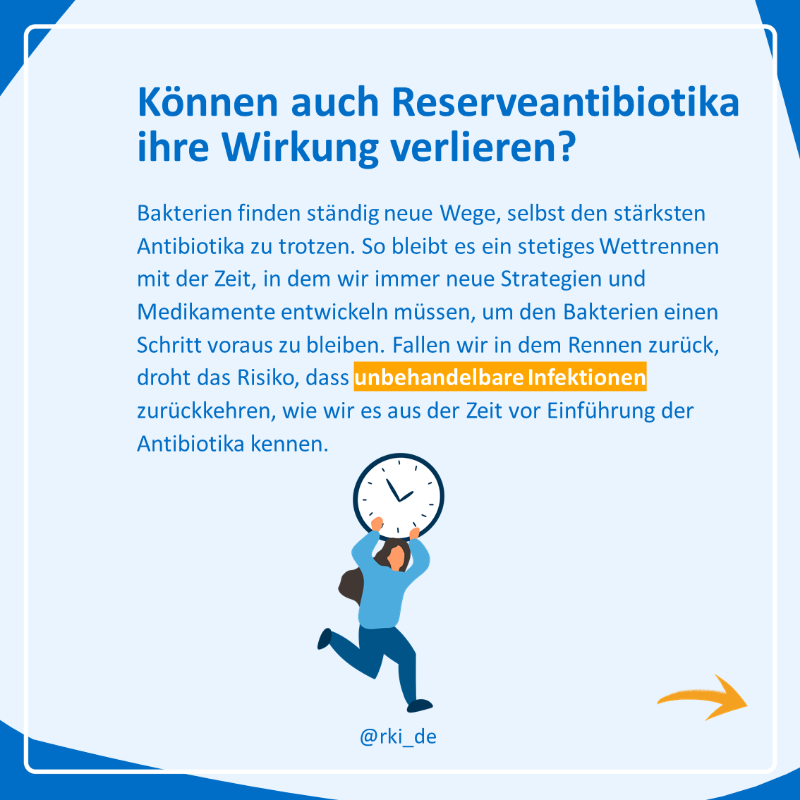 rki_de's tweet photo. #Reserveantibiotika sollten nur dann eingesetzt werden, wenn herkömmliche #Antibiotika nicht mehr wirksam sind. 
Warum wir sparsam und bewusst mit ihnen umgehen sollten und was passiert, wenn diese nicht mehr wirken, beantworten wir in dieser #Wasisteigentlich-Folge. ⬇️