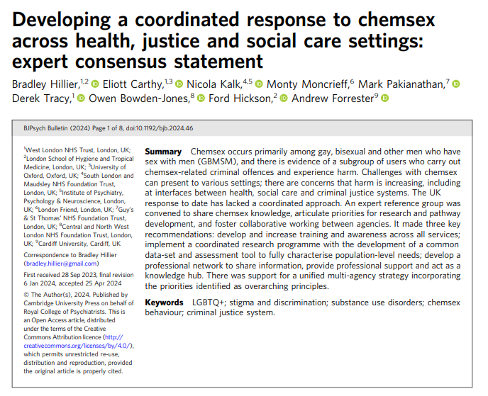 Derektracy1's tweet photo. Our new @TheBJPsych Bulletin paper on developing a coordinated response to #chemsex across health, justice &amp; social care. #Openaccess here: https://t.co/aEV1a5D9f1 @elcarthy @KalkNicola @OwenBowdenJones @MontyMoncrieff @AndForrester https://t.co/PjqR50eEkk