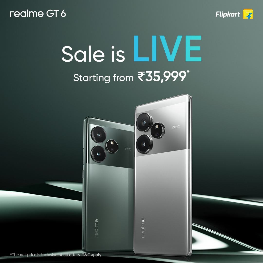 The Realme GT 6 smartphone packs AI-powered tools for camera, media editing and productivity. These include AI night vision mode for enhancing low-light video recording capability. 
#realmeGT6SaleisLive